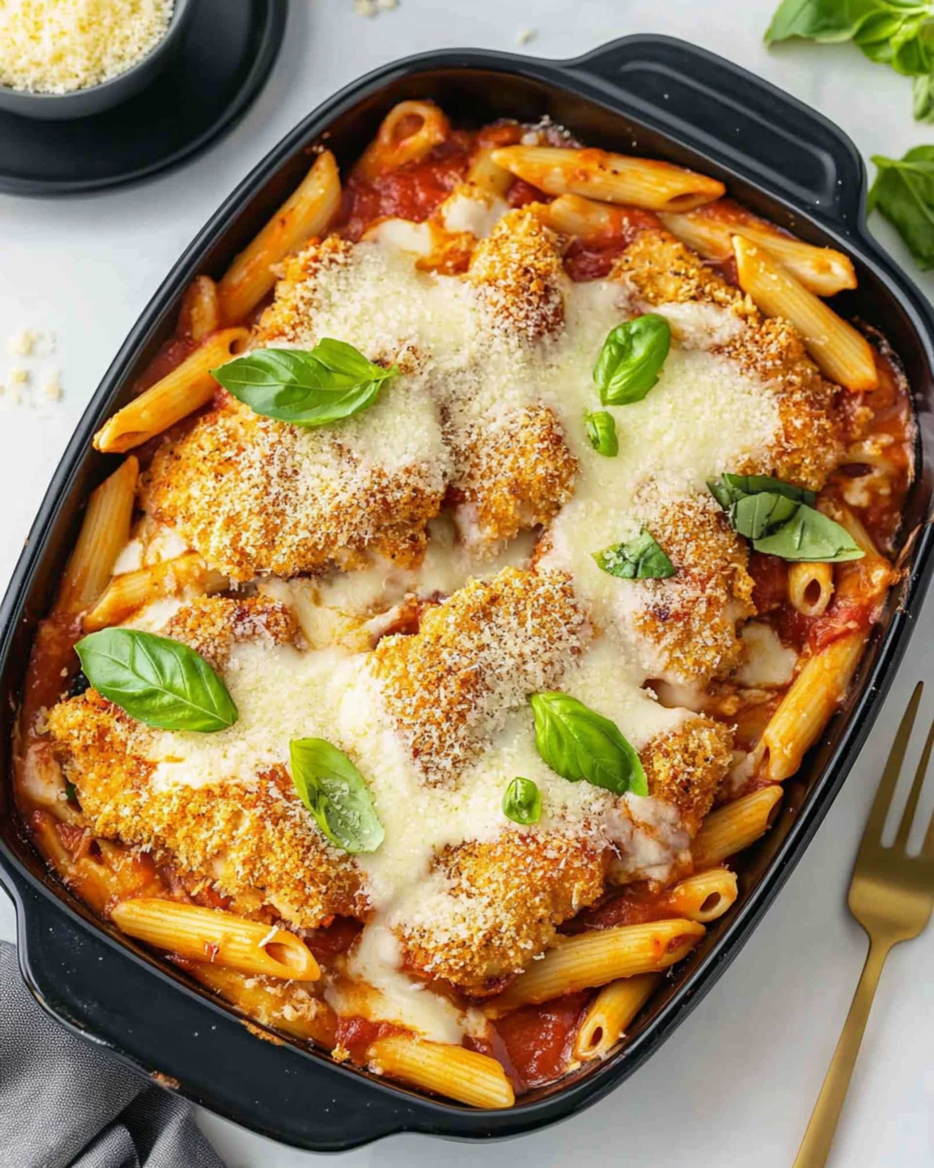 Chicken Parmesan Casserole Baked with Penne Pasta Recipe