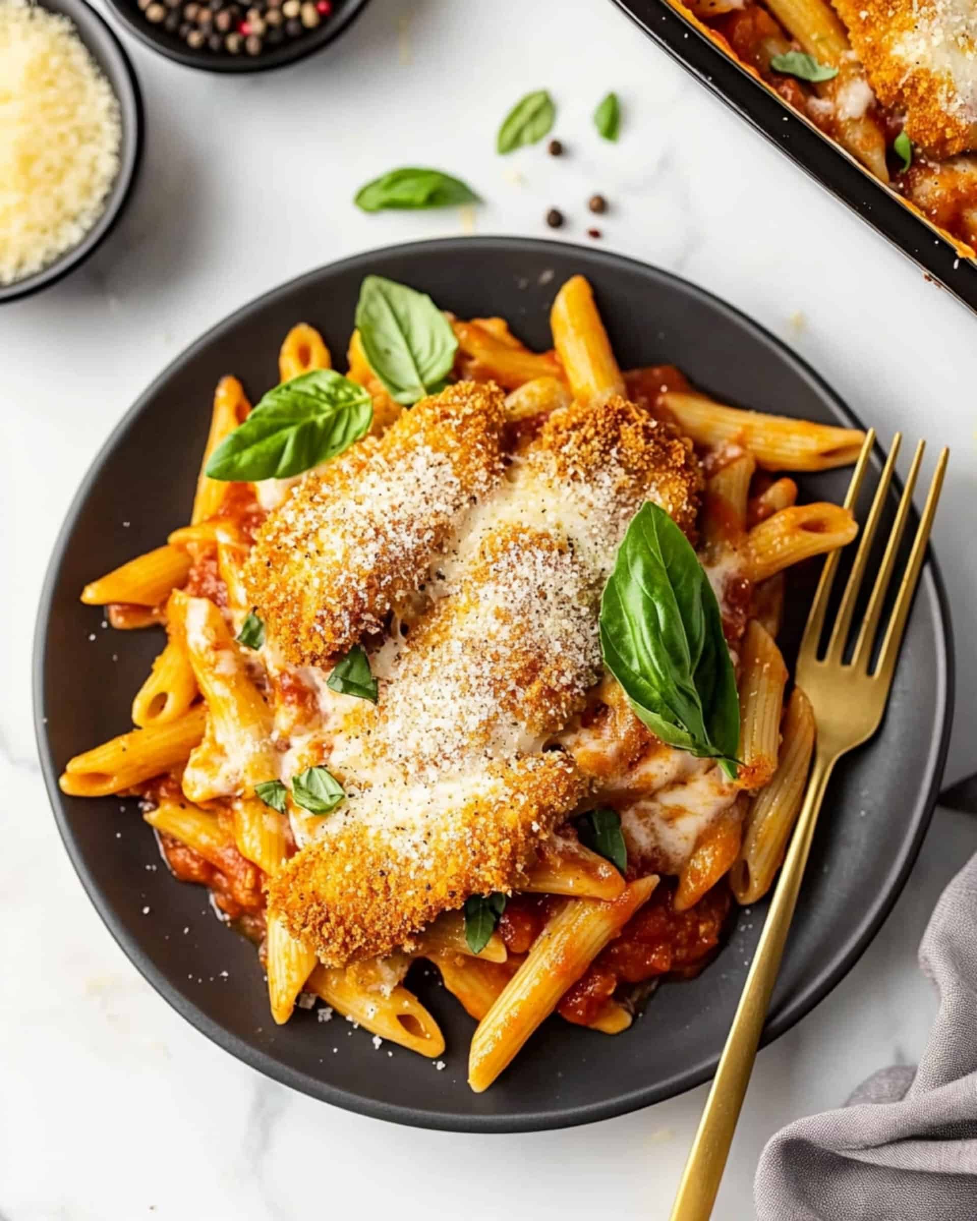 Chicken Parmesan Casserole Baked with Penne Pasta Recipe