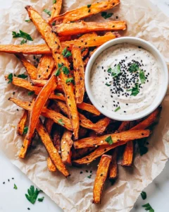 Crispy Baked Sweet Potato Fries with Roasted Garlic Tahini Yogurt Dip Recipe