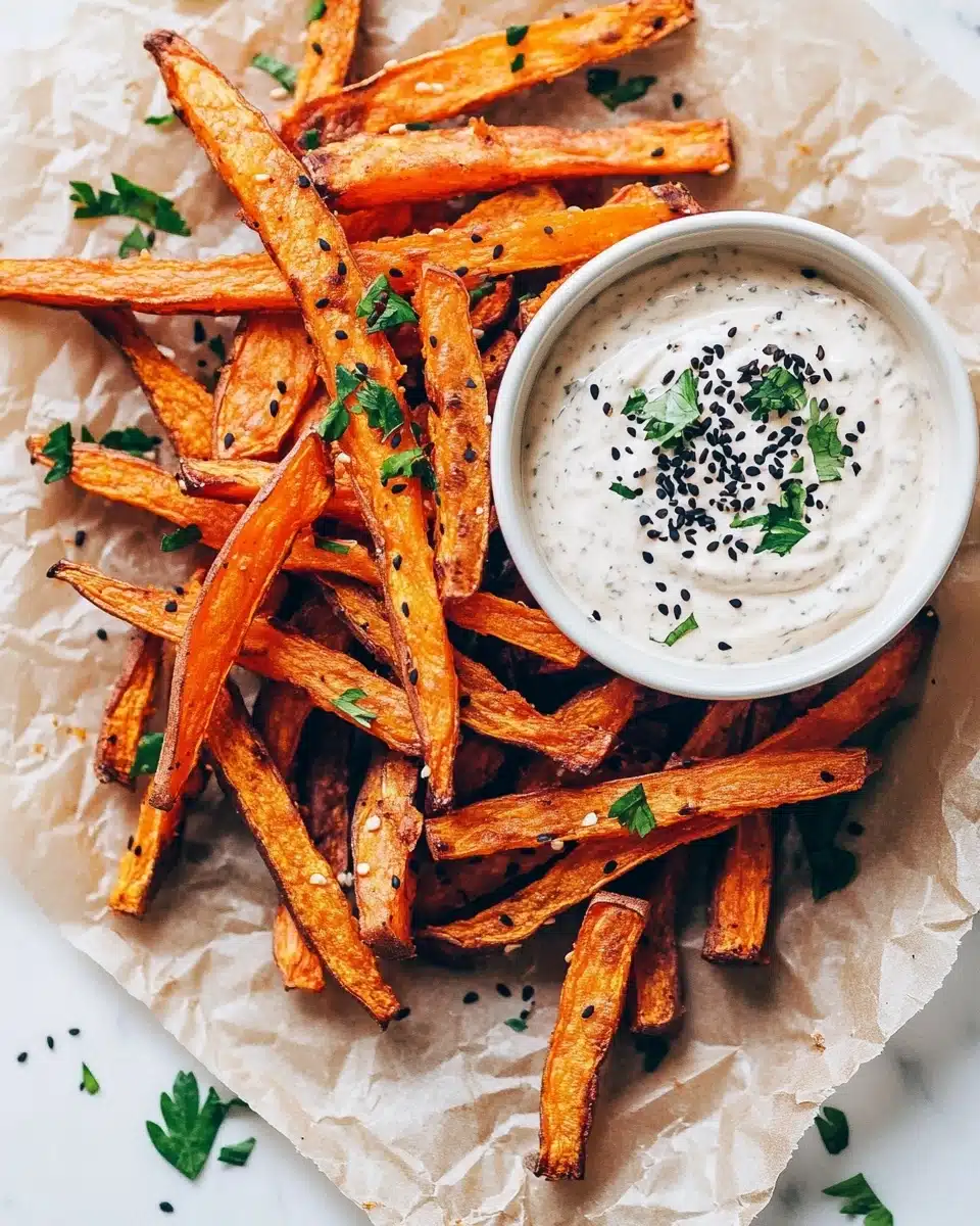 Crispy Baked Sweet Potato Fries with Roasted Garlic Tahini Yogurt Dip Recipe