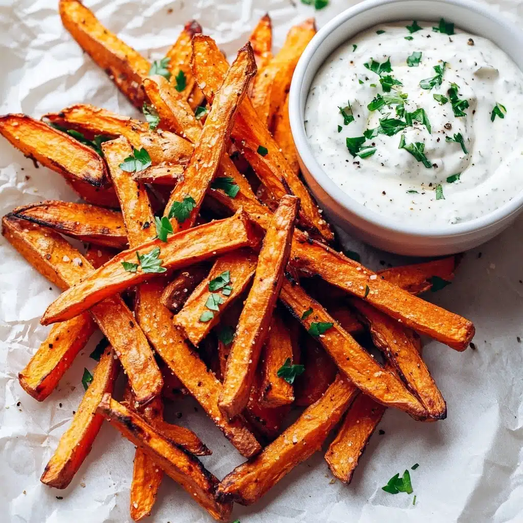 Crispy Baked Sweet Potato Fries with Roasted Garlic Tahini Yogurt Dip Recipe - Recipe Image