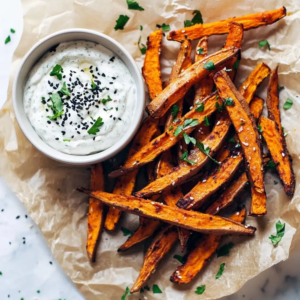 Crispy Baked Sweet Potato Fries with Roasted Garlic Tahini Yogurt Dip Recipe - Recipe Image