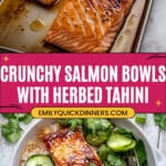 Crunchy Brown Rice Salmon Bowls with Herbed Tahini Dressing Recipe