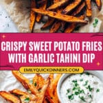 Crispy Baked Sweet Potato Fries with Roasted Garlic Tahini Yogurt Dip Recipe