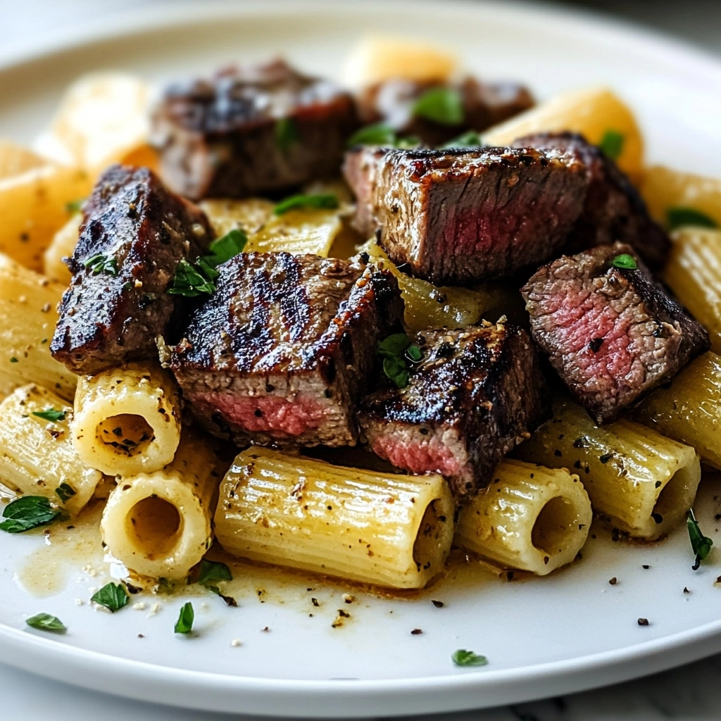 Garlic Butter Steak Tips with Cheesy Rigatoni Recipe - Recipe Image