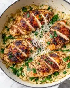 Creamy Parmesan Orzo with Chicken and Asparagus Recipe
