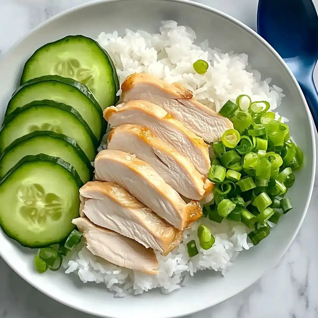 Hainanese Chicken and Rice, one pot chicken rice, easy Hainanese chicken dish, flavorful chicken and rice recipe, simple Asian chicken meal A white plate holds a neatly arranged meal with four layers: at the bottom, a base of fluffy white rice spreads across the plate; on top of the rice, to the right, a small mound of chopped bright green scallions adds color; next to the scallions, in the center, are five thick slices of pale cooked chicken with smooth texture; left of the chicken, a small pile of fresh cucumber slices shows green skin and light green centers. A dark blue spoon rests on the right edge of the plate, contrasting with the white marbled surface below.
