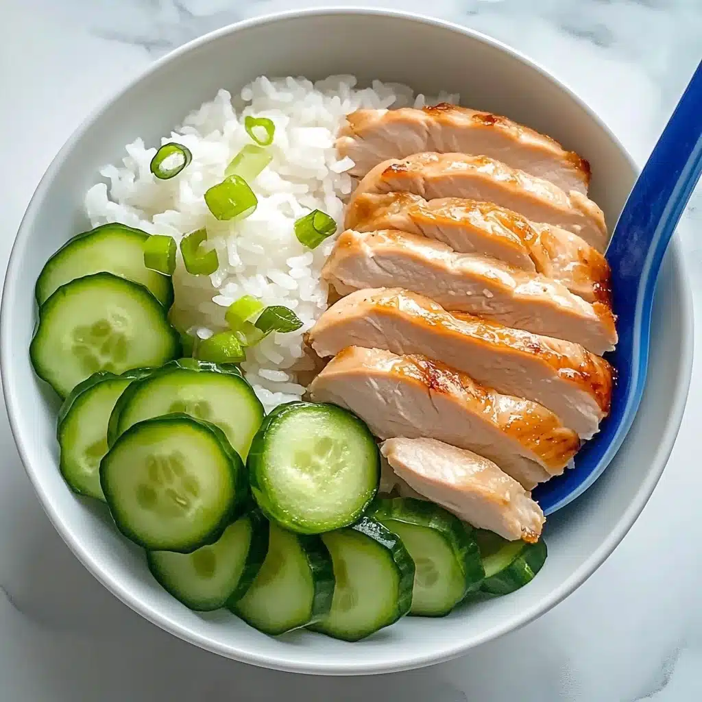Hainanese Chicken and Rice, one pot chicken rice, easy Hainanese chicken dish, flavorful chicken and rice recipe, simple Asian chicken meal A white round plate on a white marbled surface holds three main layers: at the bottom, there is a bed of fluffy white rice; on top of the rice, from left to center, there are six thick slices of light golden cooked chicken arranged in a slightly overlapping line; to the right, a neat stack of cucumber slices with dark green skin and pale green centers is placed next to the chicken; small green onion pieces are sprinkled over the chicken slices; a shiny deep blue spoon lies at the edge of the plate near the cucumbers.