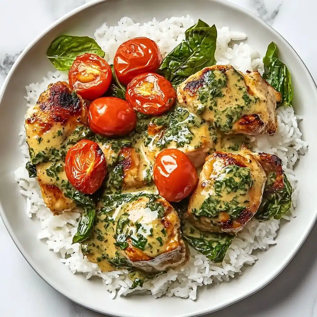 Creamy Pesto Chicken with Roasted Tomatoes and Spinach, pesto chicken with roasted tomatoes and spinach, quick creamy pesto chicken, healthy pesto chicken dinner, easy chicken with pesto and vegetables A white plate holds a base layer of white cooked rice with a soft, fluffy texture. On top, there are three pieces of browned, grilled chicken with a light golden crust. The chicken is covered with a creamy sauce mixed with dark green spinach leaves. Bright red, slightly shiny roasted cherry tomatoes are scattered around and on the chicken. The plate is placed on a white marbled surface.