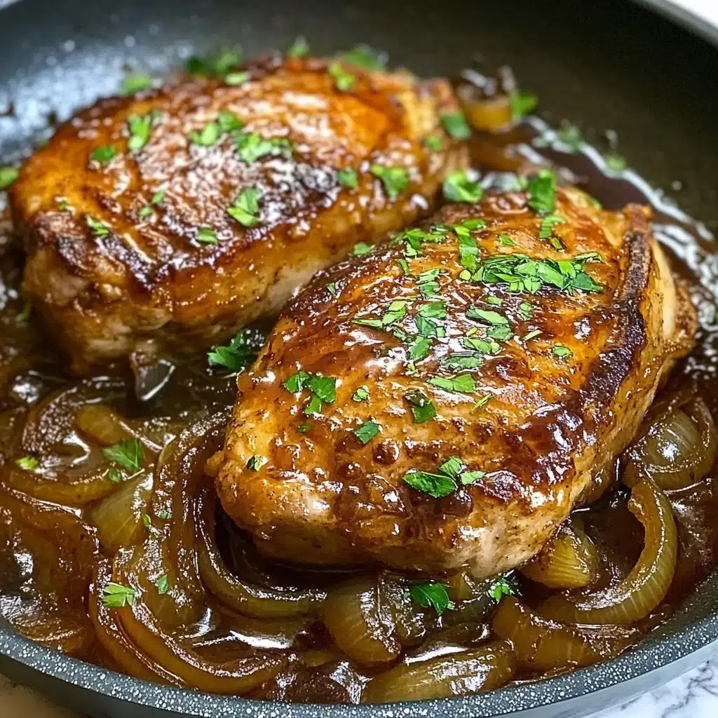French Onion Stuffed Chicken, easy one pan chicken dinner, flavorful stuffed chicken breast, quick weeknight chicken recipe, caramelized onion chicken The image shows two thick pieces of cooked meat in a black cast iron skillet. Each piece has one main layer of golden melted cheese on top, which is smooth with a few browned spots. On the cheese layer, there is a scattering of caramelized onions that are soft and slightly dark orange-brown. Each piece is garnished with a small bright green sprig of fresh thyme placed on the cheese and onions. Below the meat in the skillet is a rich, shiny brown sauce with sliced onions visible. The skillet is set on a white marbled surface with a dark cloth or napkin peeking from the side.