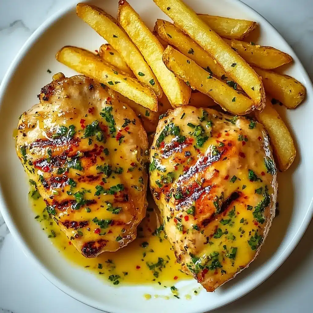 Spicy Creamy Garlic Parmesan Chicken Fillet with Fries, spicy garlic parmesan chicken, creamy garlic chicken recipe, crispy chicken and fries, flavorful chicken dinner Three grilled chicken pieces with a golden-brown crust are placed side by side on a white plate. They are covered with a thick, shiny yellow sauce speckled with small bits of green herbs and red spices. Behind the chicken, there is a neat stack of golden French fries, long and crispy looking. The white plate sits on a white marbled surface.