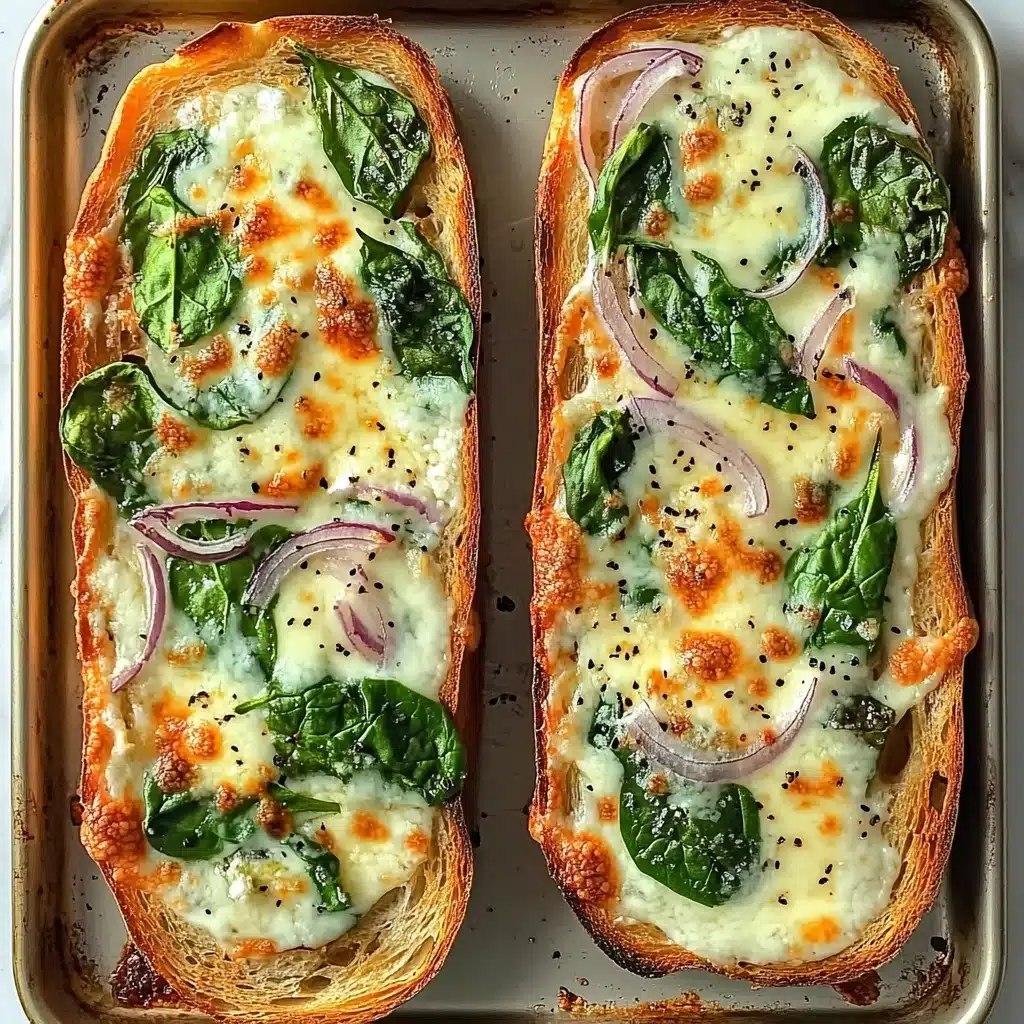 French Bread Chicken Alfredo Pizza, easy Alfredo pizza recipe, quick dinner ideas with chicken, cheesy French bread pizza, weeknight pizza recipes Two long slices of toasted bread are placed side by side on a metal baking tray. Each slice has multiple layers: the bottom layer is golden-brown toasted bread with a crisp texture, followed by fresh green spinach leaves scattered unevenly. Thin strips of purple onion are placed sporadically on top of the spinach. The top layer is melted white cheese, slightly browned and bubbly, covering most of the toppings but with some spinach and onion still visible. Small black specks of pepper are sprinkled on the cheese. The baking tray shows some toasted marks around the bread edges.