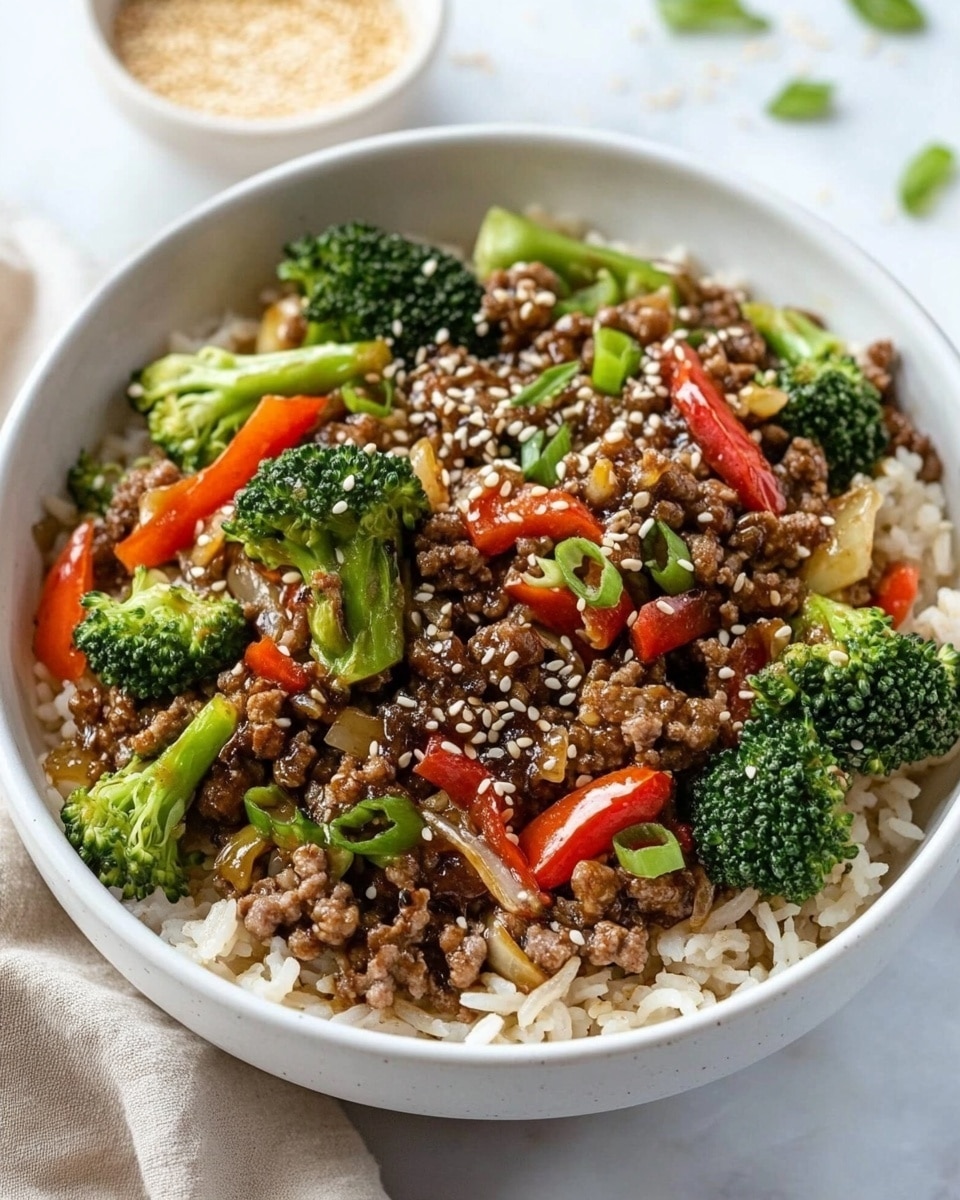 Ground Beef and Broccoli Stir Fry, easy beef broccoli stir fry, healthy beef stir fry, quick ground beef recipes, savory beef broccoli dish The image shows a close-up of a frying pan filled with cooked ground beef, bright green broccoli florets, and pieces of translucent cooked onion. The ground beef is brown and crumbled, forming the base layer, while the broccoli florets, fresh and vibrant, are scattered evenly on top, adding a lively green color. The onion pieces are small, soft, and slightly browned, mixed in with the beef and broccoli throughout. The pan has a metallic look with a handle visible at the bottom, resting on a white marbled surface.