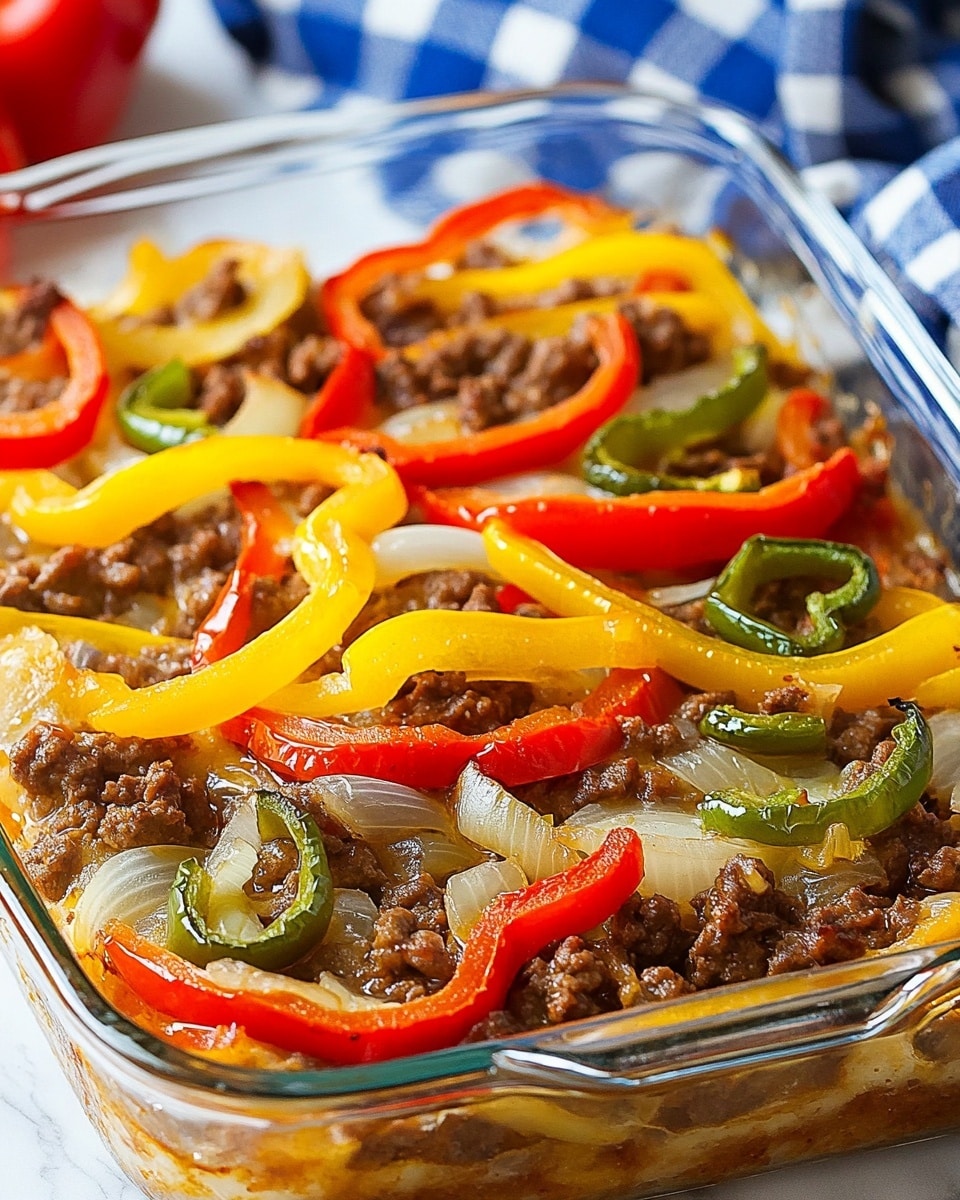 Southern Five Layer Beef Casserole, layered beef and potato casserole, hearty Southern casserole recipes, easy beef casserole ideas, comfort food casserole The dish is shown in a clear glass baking dish placed on a white marbled surface with a blue and white checkered cloth in the background. The dish has multiple layers: the bottom layer is light and creamy, possibly cheese or sauce, topped with a cooked ground meat layer that is dark brown and crumbly. Scattered on top of the meat are pieces of diced onion, translucent and slightly soft. The topmost layer consists of colorful rings of cooked bell peppers in red, yellow, and green, adding bright pops of color and texture contrast. The overall look is hearty and well-cooked, with delicious-looking layers clearly visible.