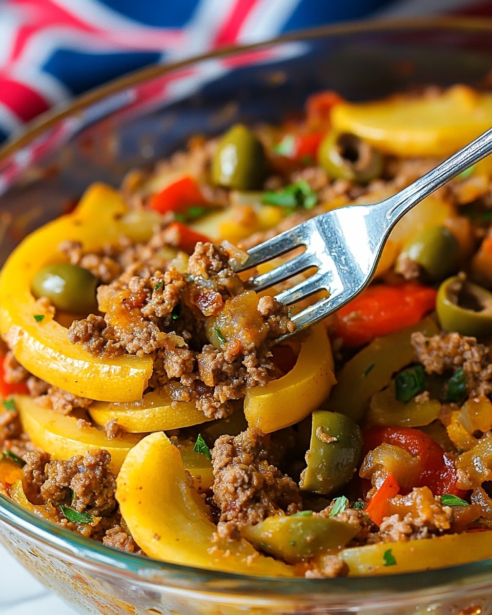 Southern Five Layer Beef Casserole, layered beef and potato casserole, hearty Southern casserole recipes, easy beef casserole ideas, comfort food casserole A white plate holds a layered casserole slice with four visible layers: the bottom layer is a mix of cooked ground meat and diced green peppers with a rich brown color and hint of moisture; above it is a layer with cooked onions and small red pepper pieces, soft and slightly translucent; next comes a melted pale yellow cheese layer that spreads over the meat and vegetables; the topmost layer features several round, sliced jalapeños that are green with a slightly shiny, cooked texture. The plate is placed on a checkered cloth with red, white, and blue colors, on a white marbled surface. In the background, a clear glass baking dish filled with the same layered casserole is visible.