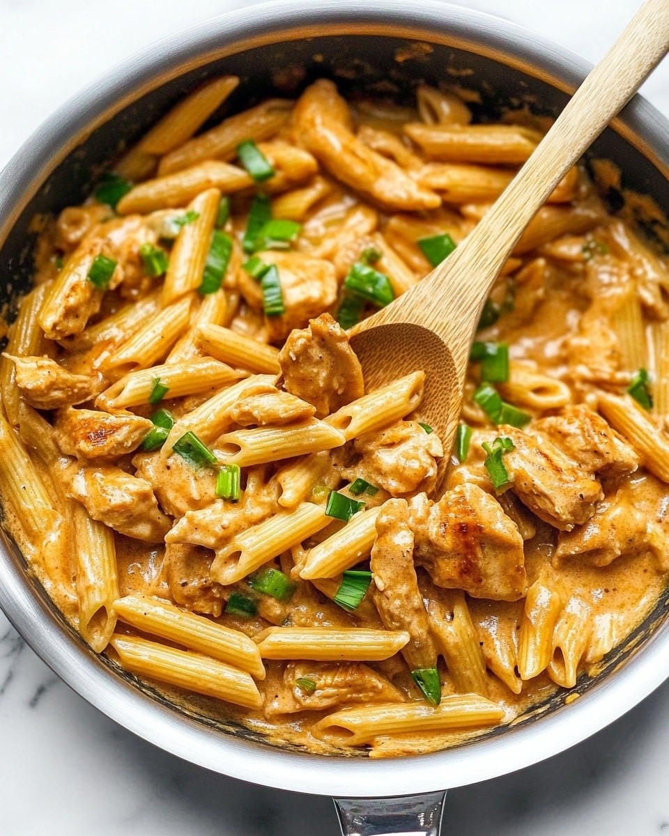 Creamy Cajun Chicken Pasta, Cajun Chicken Pasta, Creamy Pasta Recipes, Easy Cajun Chicken Pasta, Quick Weeknight Pasta A white plate holds a creamy pasta dish with about two layers of penne pasta and chunks of chicken mixed together. The pasta is coated with a light orange sauce and scattered with small pieces of green onions on top. The sauce looks smooth and thick, covering both the pasta and chicken evenly. A black fork rests inside the plate on the right side, partially sinking into the pasta. The plate sits on a white marbled surface with a black and white striped cloth partially visible at the bottom left.
