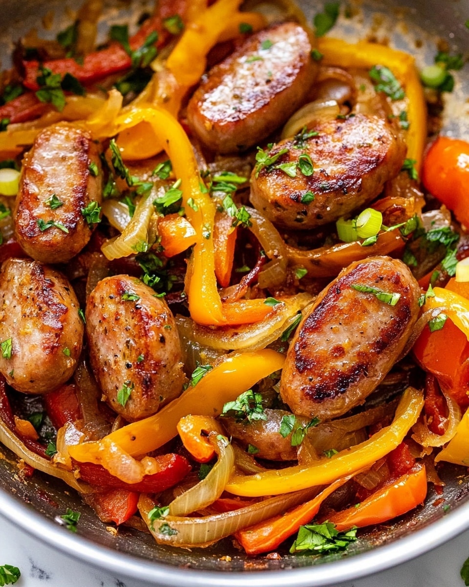 Sausage and Peppers Skillet, Easy Sausage and Peppers Dinner, Spicy Sausage and Peppers, One-Pan Sausage and Peppers Meal, Quick Italian Sausage Stir-Fry The image shows a close-up of a cooked dish with several layers of sliced sausages that are golden brown and glossy, mixed with thin strips of red, yellow, and orange bell peppers, and light tan cooked onions. Green chopped herbs and green onion slices are scattered on top, adding small bright spots of color. The texture is glossy and slightly oily, showing a rich, cooked appearance with charred edges on some sausage slices and peppers. The background is a white marbled surface.