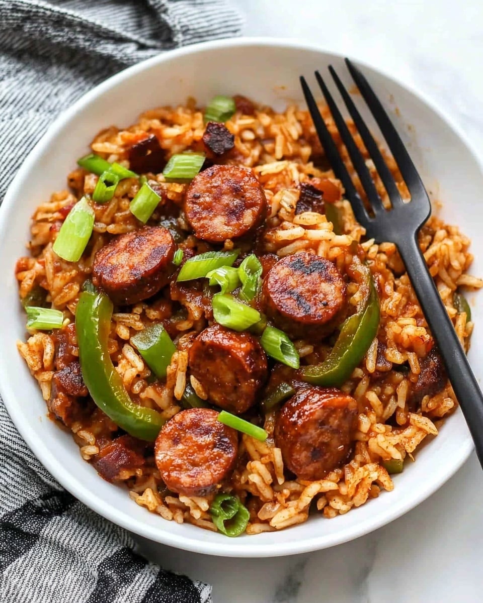 Cajun Sausage and Rice Skillet, Cajun Sausage and Rice, Cajun Skillet Dinner, Spicy Sausage and Rice Recipe, One-Pan Cajun Meal A large silver pan filled with cooked rice mixed with sliced brown sausage pieces, small chunks of green and yellow bell peppers, and bits of tomatoes. The rice looks soft and flavorful, with a light reddish color mixed throughout. Green onion slices are scattered on top, adding a fresh touch. A wooden spoon is scooping some of the rice and sausage mixture from the pan. The background is a white marbled surface.