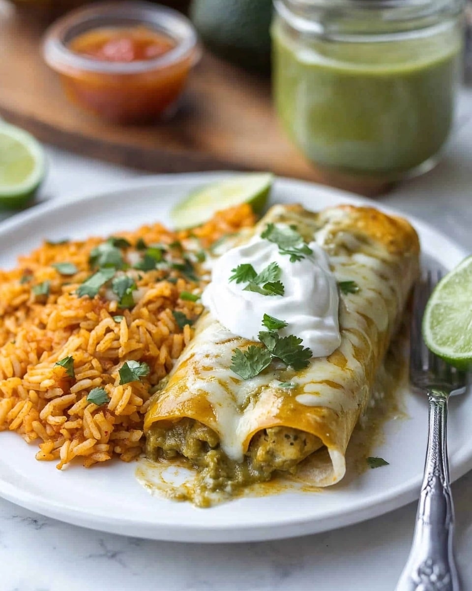 A white plate holds a rolled enchilada covered in melted yellow and white cheese, topped with a dollop of white sour cream and scattered green herbs and sliced green onions. Next to it is a pile of orange rice with small green and yellow vegetable bits, accompanied by a lime wedge. Above the rice is a small white bowl filled with red sauce. A silver fork rests on the right edge of the plate. The plate sits on a colorful cloth with red, green, and yellow stripes placed over a white marbled surface. In the background, a glass jar filled with iced tea is slightly blurred. photo taken with an iphone --ar 4:5 --v 6.1