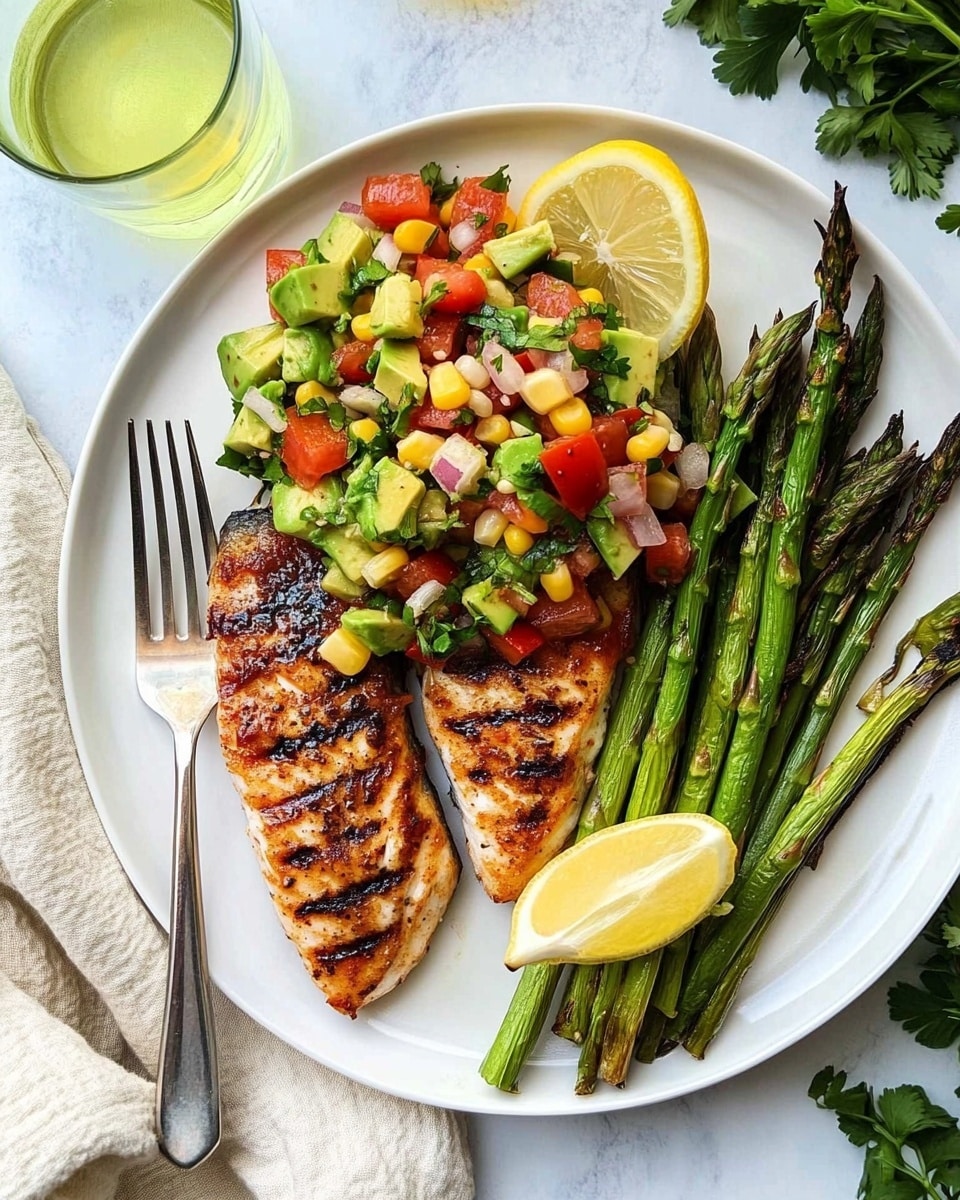 The dish shows one piece of cooked white fish fillet with a browned, slightly crispy surface, sprinkled with small green herb pieces on top. Next to the fish, there is a small bunch of bright green asparagus stalks, slightly shiny and cooked. Two lemon wedges with pale yellow flesh and rind sit on the plate near the fish. The food is served on a white plate with a slightly raised rim and subtle blue decorative spots around the edge, all placed on a white marbled surface. Photo taken with an iphone --ar 4:5 --v 6.1
