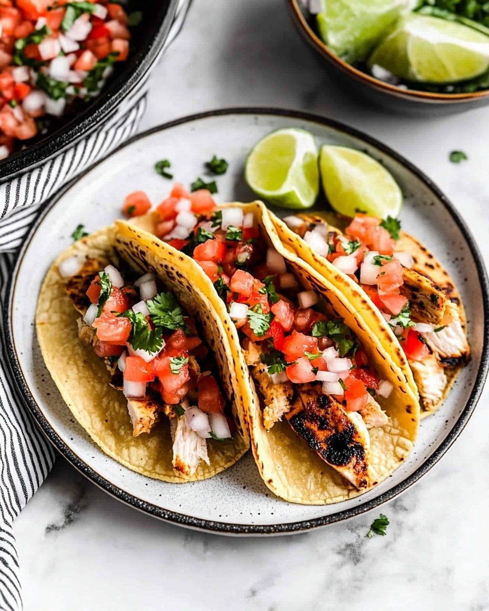 Three yellow corn tortillas are placed on a dark gray round plate, each filled with grilled chicken slices that are golden brown and slightly charred. On top of the chicken is a colorful mix of chopped red tomatoes, white onions, and small green chili pieces scattered evenly. A wedge of lime rests on the side of the plate. The plate is set on a white marbled surface with a gray and white striped cloth nearby, and a white bowl with more chopped tomatoes, onions, and green chilis is in the background. photo taken with an iphone --ar 4:5 --v 6.1