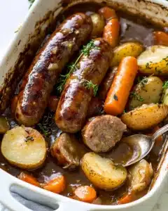 Oven Baked Sausages with Potatoes, Vegetables and Gravy Recipe
