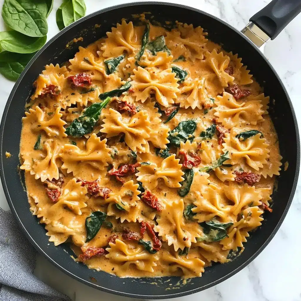 Marry Me Chicken Pasta, easy creamy chicken pasta, quick dinner recipes, flavorful pasta dishes, comforting weeknight meal The image shows a black pan filled with creamy orange sauce pasta mixed with green spinach leaves and small pieces of red sun-dried tomatoes. The farfalle pasta has a soft, saucy texture with the sauce evenly coating each piece. The pan is placed on a white marbled surface, near some fresh spinach leaves. There is a striped white and gray cloth partially visible under the pan’s handle, and a wooden board with a few red tomatoes on the top right corner. The overall look is warm, creamy, and inviting, with a contrast between the orange sauce, green spinach, and red tomatoes.