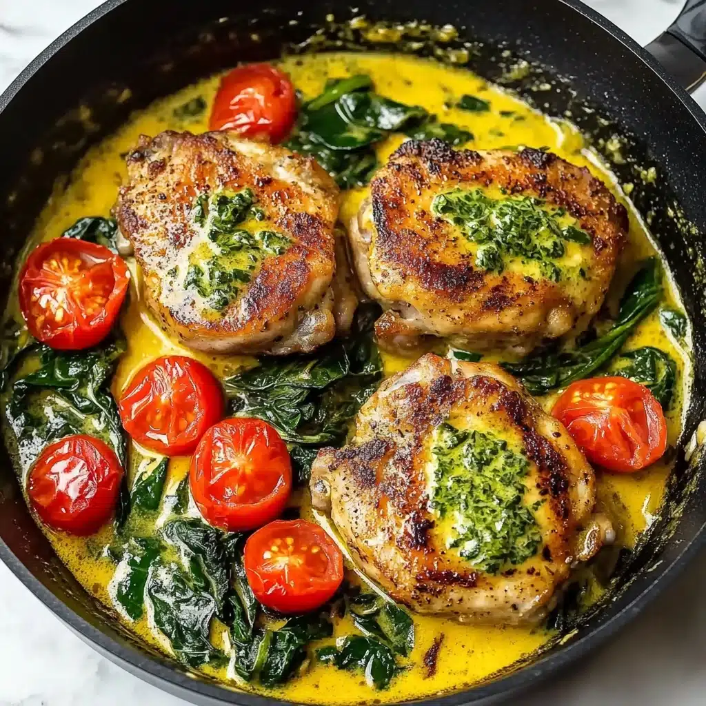 Creamy Pesto Chicken with Roasted Tomatoes and Spinach, pesto chicken with roasted tomatoes and spinach, quick creamy pesto chicken, healthy pesto chicken dinner, easy chicken with pesto and vegetables The image shows a black cast iron pan filled with three browned, juicy pieces of meat, each with a dollop of green herb sauce on top. They are surrounded by dark green sautéed spinach leaves and bright red cherry tomatoes, some whole and some cut in half, sitting in a glossy golden-yellow sauce that looks creamy with specks of herbs. The pan rests on a white marbled surface.