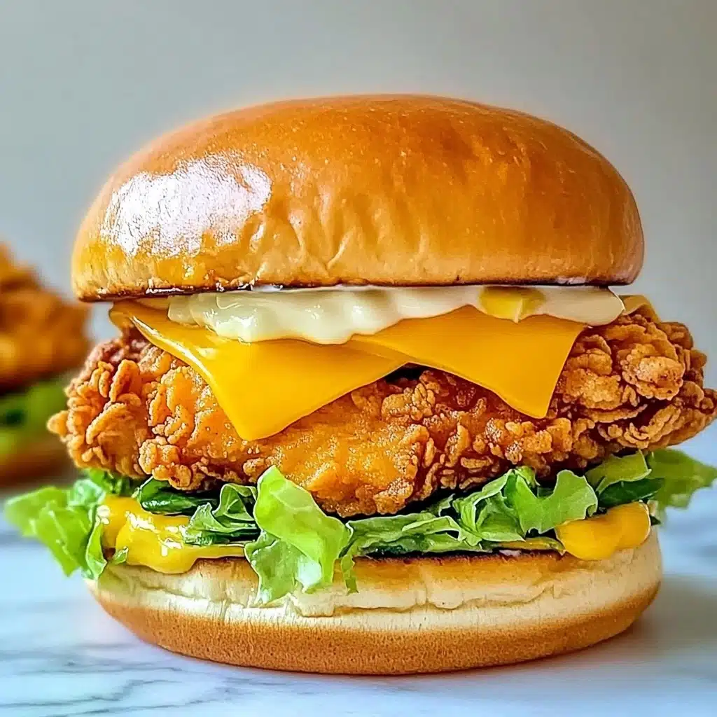 Spicy Crispy Chicken Burger, crispy chicken burger recipe, spicy chicken sandwich, homemade crispy chicken burger, easy spicy chicken burger A sandwich with three layers: the top layer is a shiny, soft brown bun, below it is a slice of bright yellow cheese that slightly melts over a crispy, golden-brown fried piece of chicken with a rough and crunchy texture. Under the chicken is a layer of fresh, bright green lettuce with ruffled edges, sitting on a round, light brown bottom bun that has a smooth texture. There is a little bit of creamy, light yellow sauce on the lettuce and the bottom bun. The sandwich is on a wooden surface with other similar sandwiches blurred in the background.