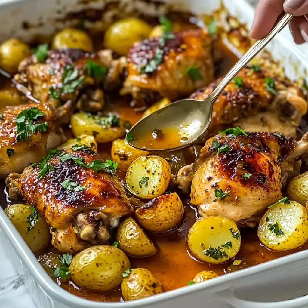 One Pan Lemon Herb Chicken and Potatoes, Lemon Herb Chicken and Potatoes, Easy One Pan Chicken Dinner, Healthy Chicken and Potatoes Recipe, Quick Weeknight Chicken Meal A white baking dish filled with golden-brown roasted chicken thighs and whole baby potatoes. The chicken has a crispy, slightly charred skin with a shiny glaze, sprinkled with chopped green herbs. The potatoes are soft, some whole and some cut in half, showing a creamy yellow inside. A woman's hand is holding a spoon above the dish, pouring a golden sauce over the chicken and potatoes. The dish sits on a white marbled surface.