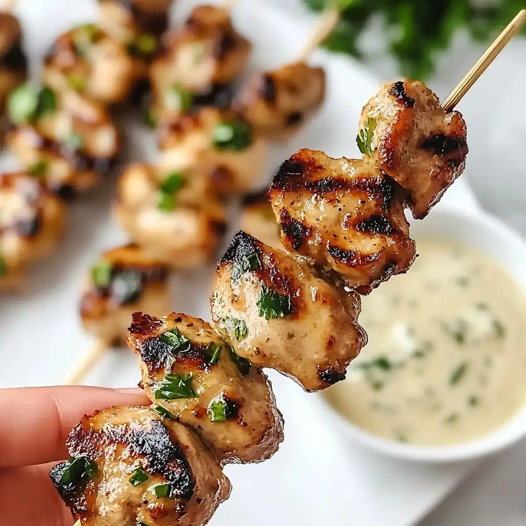 Air Fryer Garlic Parmesan Chicken Skewers, easy chicken skewers, garlic parmesan chicken, healthy dinner ideas, quick air fryer recipes A close-up view of a skewer with five pieces of grilled chicken that have a golden-brown crust and some charred spots, topped with small green herb bits and a light sauce dripping down. The skewer is held by a woman's hand with natural nails. In the blurred background, more skewers with grilled chicken, garnished with herbs, are laid on a large white plate sitting on a white marbled surface. Next to the plate is a small white bowl filled with a creamy, herb-spotted dipping sauce.