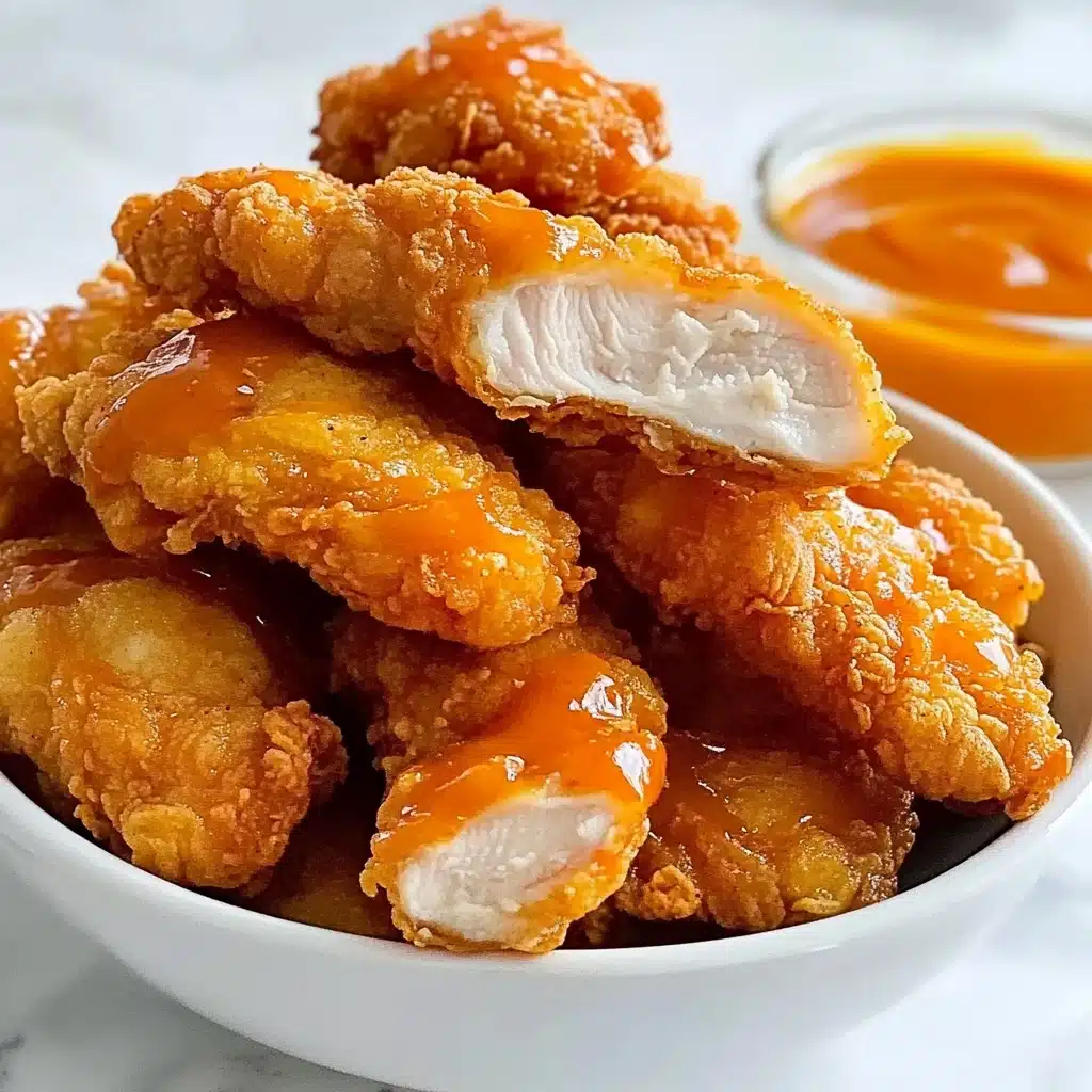 Hot Honey Chicken Tenders, spicy honey chicken tenders, crispy chicken tenders with hot honey, easy homemade chicken tenders, flavorful chicken tenders recipe A white bowl is filled with multiple pieces of crispy fried chicken wings, some covered with a shiny orange sauce and others plain, showing their crunchy golden-brown texture. One piece is broken in half, revealing the white, tender inside meat. On the side inside the bowl, a small clear cup holds a thick orange dipping sauce. The bowl sits on a white marbled surface.