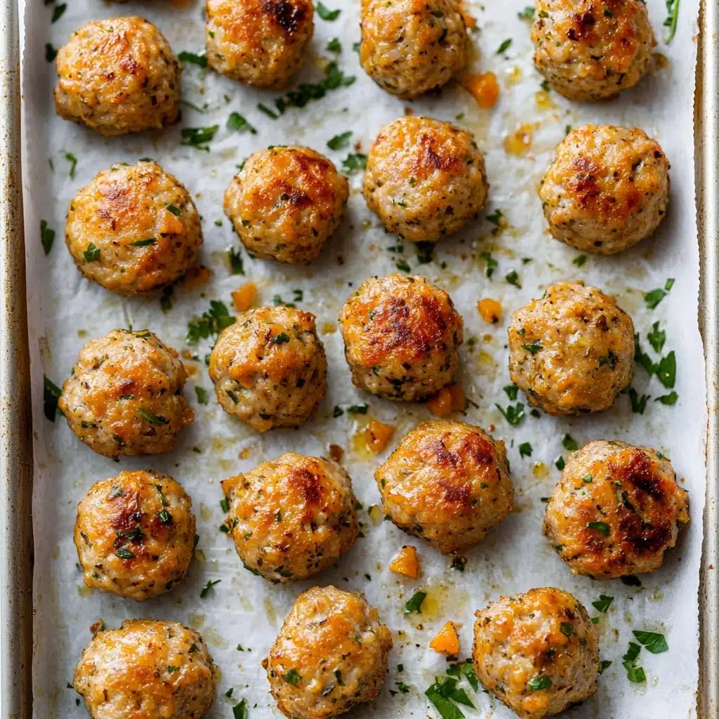 Turkey Stuffing Balls, Thanksgiving leftovers snacks, savory stuffing bites, holiday appetizer ideas, easy turkey ball recipe A tray filled with three rows of small, round, golden-brown baked balls that have a slightly rough texture with visible bits of herbs and tiny orange and dark specks inside. The balls are evenly spaced on white parchment paper laid inside a metal baking tray, which shows minor browning stains from baking. Small pieces of fresh green herbs are scattered lightly over the balls and parchment paper. The tray is placed on a white marbled surface