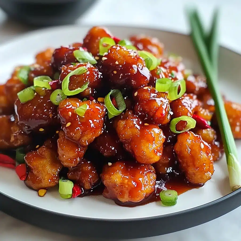 Sweet Chili Chicken, sweet chili chicken recipe, easy chicken dinner, quick weeknight chicken, flavorful chicken recipes The image shows a black plate with a pile of glossy, golden-brown fried pieces covered in a shiny orange sauce. The dish is topped with bright green sliced scallions and thin slices of red chili, adding pops of color. Some pieces look crispy and irregular in shape, and the sauce makes them look sticky and rich. A few green onion stalks lay beside the pile, adding a fresh touch. In the blurry background, there is a white marbled surface and a white bowl with red and green vegetables.