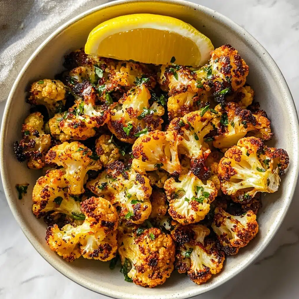 Crispy Parmesan Roasted Cauliflower, roasted cauliflower side dish, healthy vegetable recipes, easy cauliflower snacks, savory roasted cauliflower The image shows many pieces of roasted cauliflower with a golden brown color and some crispy edges, spread across a dark gray baking tray. The cauliflower florets have a slightly charred texture and are topped with finely chopped green herbs, scattered evenly. Small bits of caramelized onion or seasoning are visible around the cauliflower, adding detail to the texture of the dish. The lighting highlights the cauliflower's vibrant colors and crispy surface.