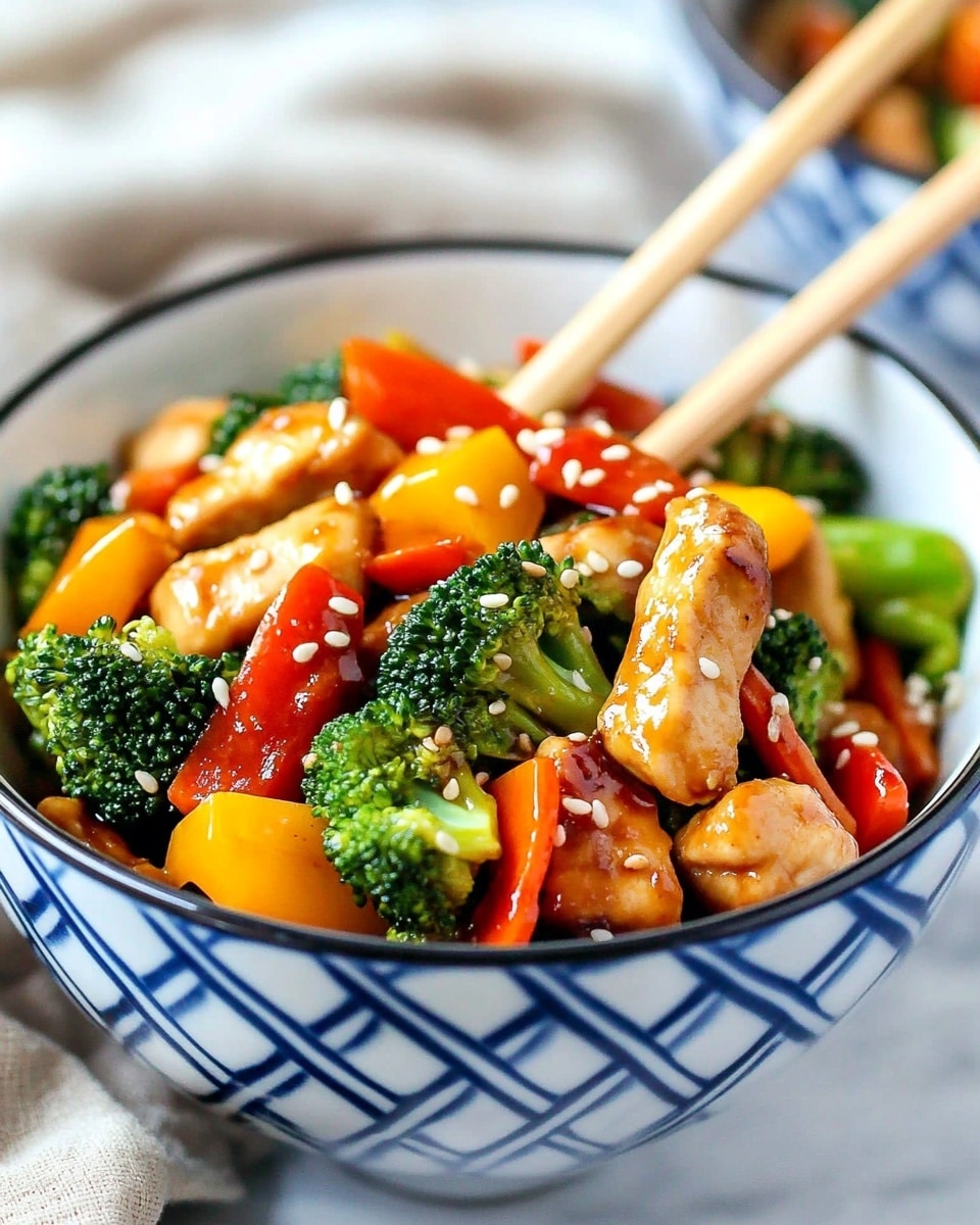 Chicken Stir Fry with Vegetables and Honey Soy Sauce, chicken stir fry recipe, healthy stir fry, quick dinner ideas, vegetable stir fry A white skillet is filled with a colorful stir-fry, layered with large chunks of light brown cooked chicken pieces, bright green broccoli florets, and small yellow and red bell pepper pieces. The dish is glossy with sauce and looks fresh and vibrant. A wooden spoon with a decorative handle is placed in the middle, lifting some of the stir-fry out of the skillet. The background shows a blurred mix of kitchen items, and a pair of chopsticks rests at the bottom edge. The skillet sits on a white marbled surface