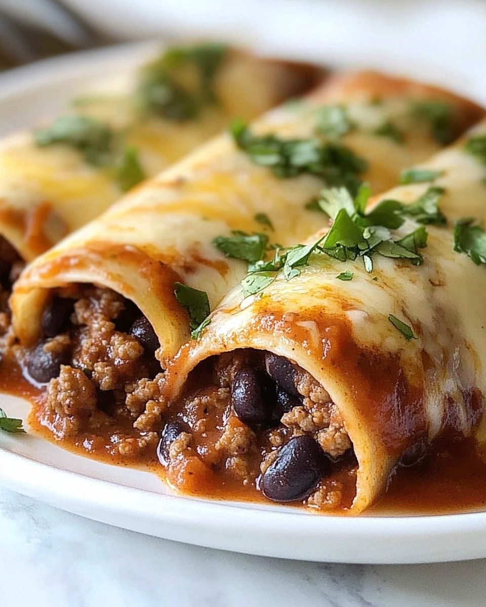 Beef Enchiladas, Beef Enchiladas Recipe, Easy Mexican Enchiladas, Homemade Beef Enchiladas, Comfort Food Enchiladas Two rolled tortillas filled with dark brown cooked ground meat mixed with small black beans, lying side by side on a white plate. The tortillas are covered in red sauce and topped with melted white cheese, slightly browned in spots. Small green chopped herbs are sprinkled over the cheese. The plate is on a white marbled surface.