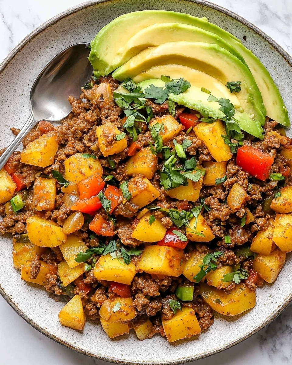 Mexican Ground Beef and Potato Skillet, Mexican ground beef recipes, easy skillet dinner, quick weeknight meals, one-pan beef potato dish The dish is served in a white bowl with a round edge, placed on a white marbled surface. It has a mix of cooked ground meat with a dark brown crumbly texture spread throughout the dish. Mixed in are bright yellow cooked potato cubes and chunks of red bell pepper, adding contrast. Melted cheese in a golden yellow shade is seen in parts, blending softly with the meat and vegetables. On one side of the bowl, there are thin slices of light green avocado, neatly arranged in overlapping curved layers. The dish is topped with small pieces of green fresh herbs scattered over it. A silver spoon peeks out slightly from under the food on the left side, with a woman's hand holding it. The