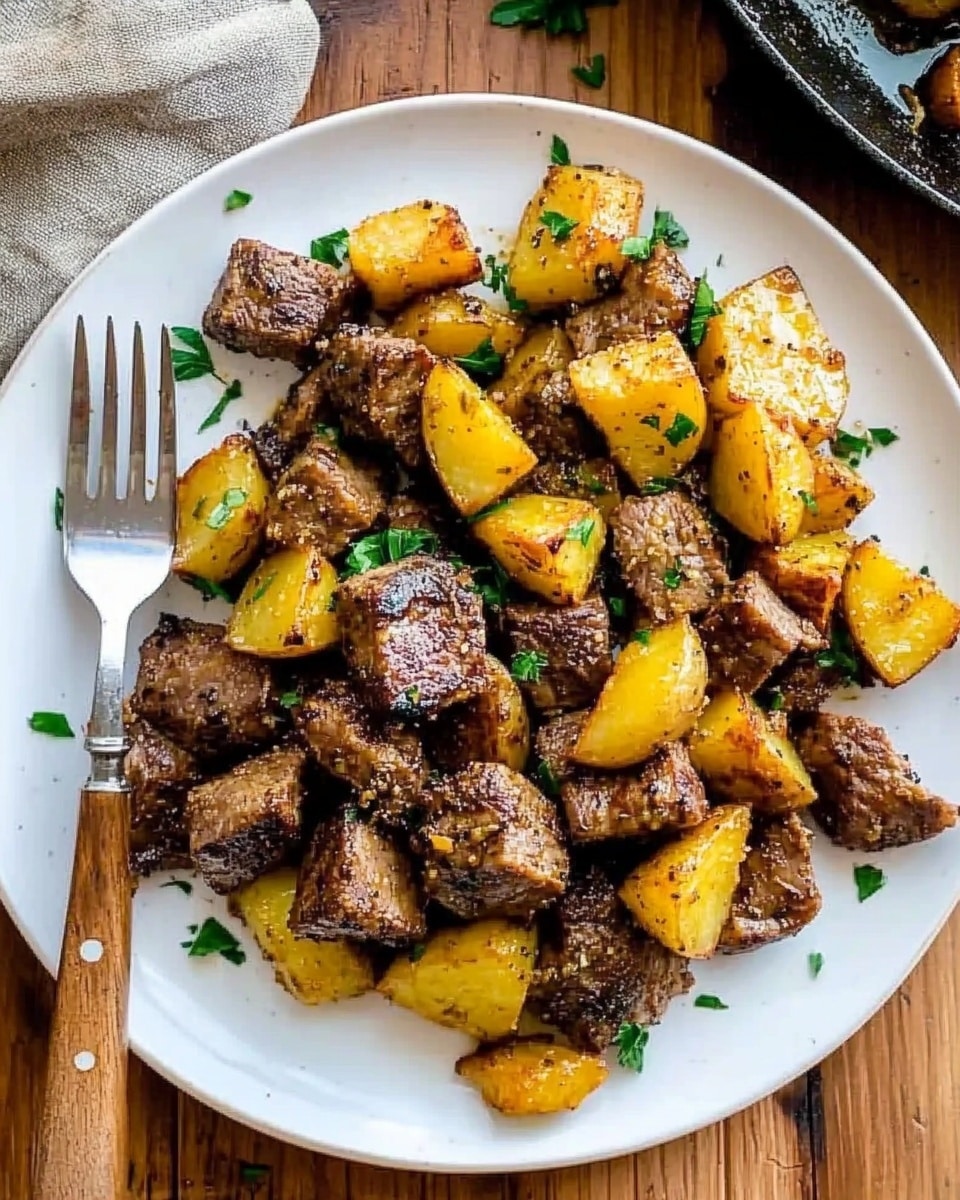 Garlic Butter Steak Bites and Potatoes, garlic butter steak bites, crispy potato steak bites, quick steak and potatoes, flavorful steak bites with potatoes A white plate with a single layer of food, showing pieces of brown cooked meat mixed with golden yellow roasted potatoes. The potatoes have a slightly crispy texture with some browned edges. Small green herb leaves are sprinkled on top for color contrast. The plate sits on a white marbled surface. There is a fork with a wooden handle resting on the left side of the plate.