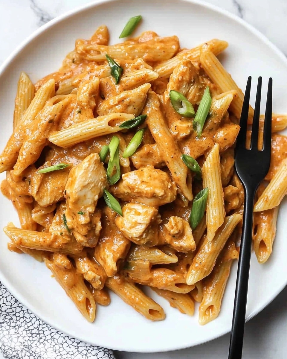 Creamy Cajun Chicken Pasta, Cajun Chicken Pasta, Creamy Pasta Recipes, Easy Cajun Chicken Pasta, Quick Weeknight Pasta The image shows a pan filled with creamy penne pasta mixed with small pieces of cooked chicken. The pasta is light brown and covered in a thick sauce, with green chopped onion pieces sprinkled on top for color. A wooden spoon rests in the pan, partially stirring the mixture. The pan sits on a white marbled surface, and the overall look is warm and inviting.