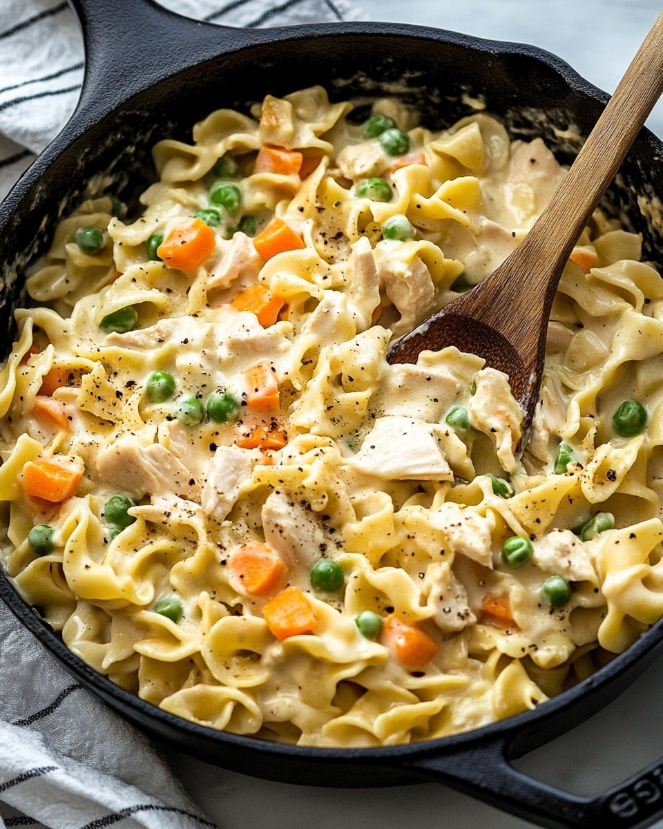 The image shows a black cast iron pan filled with creamy chicken noodle casserole. The dish has several layers mixed together: broad egg noodles in pale yellow, chunks of light brown chicken, bright green peas, and small orange carrot cubes. The creamy white sauce coats all pieces evenly, giving a smooth texture with visible specks of black pepper and herbs. A wooden spoon is partly submerged in the middle, stirring the ingredients against a background of white marbled texture. Photo taken with an iphone --ar 4:5 --v 6.1