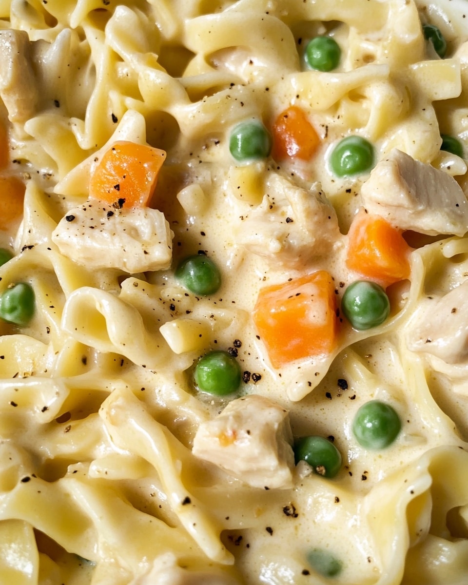 The image shows a close-up of creamy noodle casserole in a black cast-iron pan on a white marbled surface with a striped cloth nearby. The dish has three main layers: wide, soft noodles in pale yellow with a smooth texture on the bottom and mixed throughout, small bright green peas scattered across the noodles, and small soft pieces of light orange carrots mixed evenly. The sauce is creamy white with black pepper specks dotted over the noodles and vegetables. A shiny metal spoon scoops up a mix of all these ingredients, showing the layers clearly. Photo taken with an iphone --ar 4:5 --v 6.1