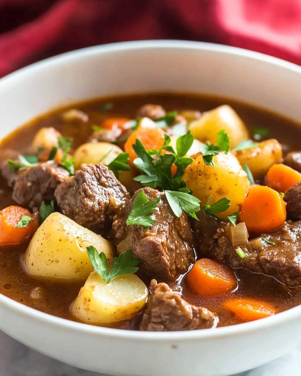 A white bowl filled with hearty beef stew shows several layers: chunks of dark brown beef, tender light yellow potatoes, and soft orange carrots sitting in a rich brown broth. The stew is sprinkled with bright green chopped parsley. The bowl is set on a white marbled surface with a red cloth in the background. The texture of the stew looks thick and comforting. photo taken with an iphone --ar 4:5 --v 6.1