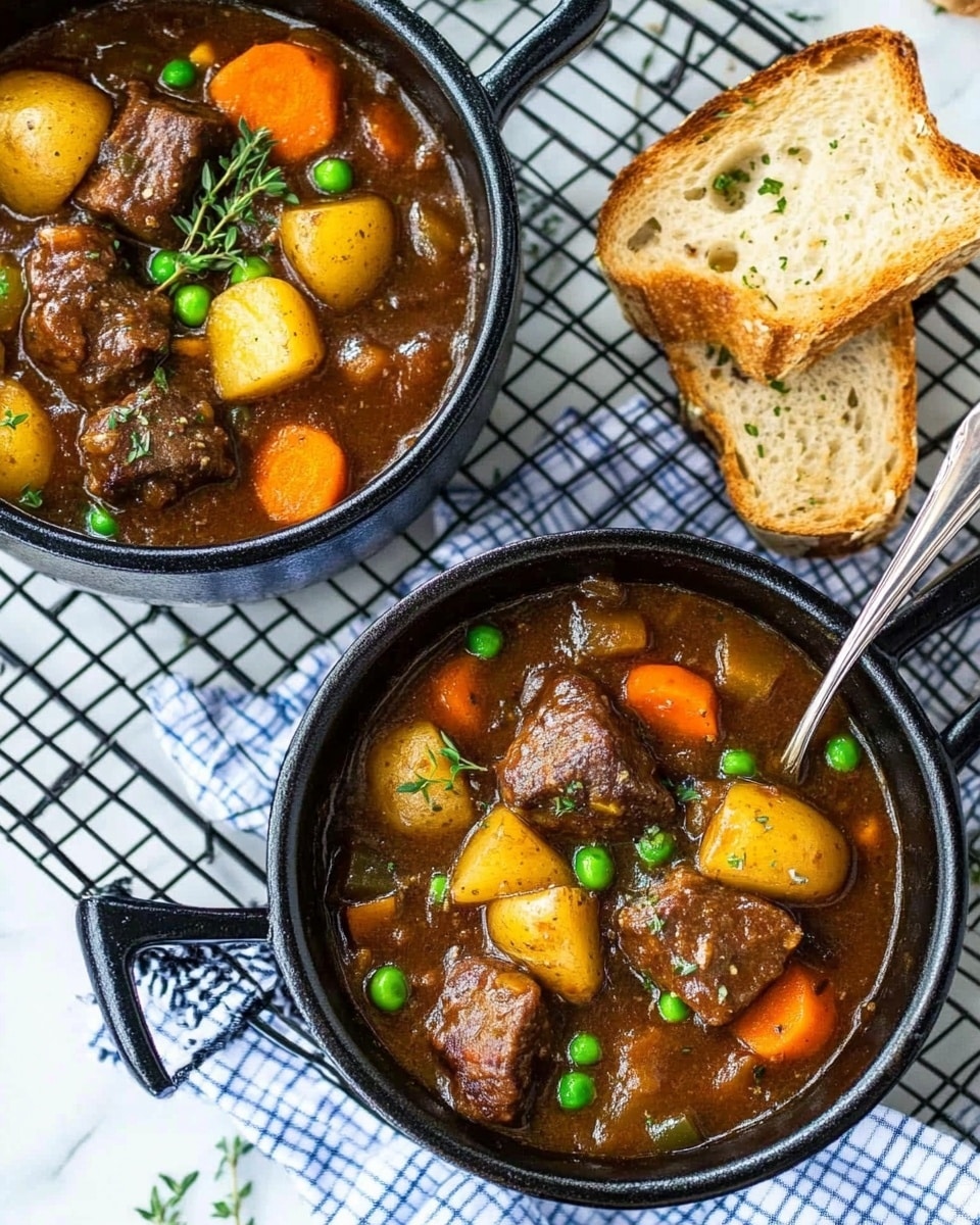 Two small black pots on a white marbled surface hold a rich stew filled with dark brown chunks of meat, bright orange carrot slices, light yellow potato pieces, and scattered green peas. The stew s thick sauce has a glossy texture, and fresh green herb sprigs float on top. One pot has a silver spoon resting inside. Two slices of toasted bread with a golden crust and herb toppings lie next to the pots, along with a few torn bread pieces. The pots and bread are placed on a black wire rack over a blue and white checkered cloth. Photo taken with an iphone --ar 4:5 --v 6.1