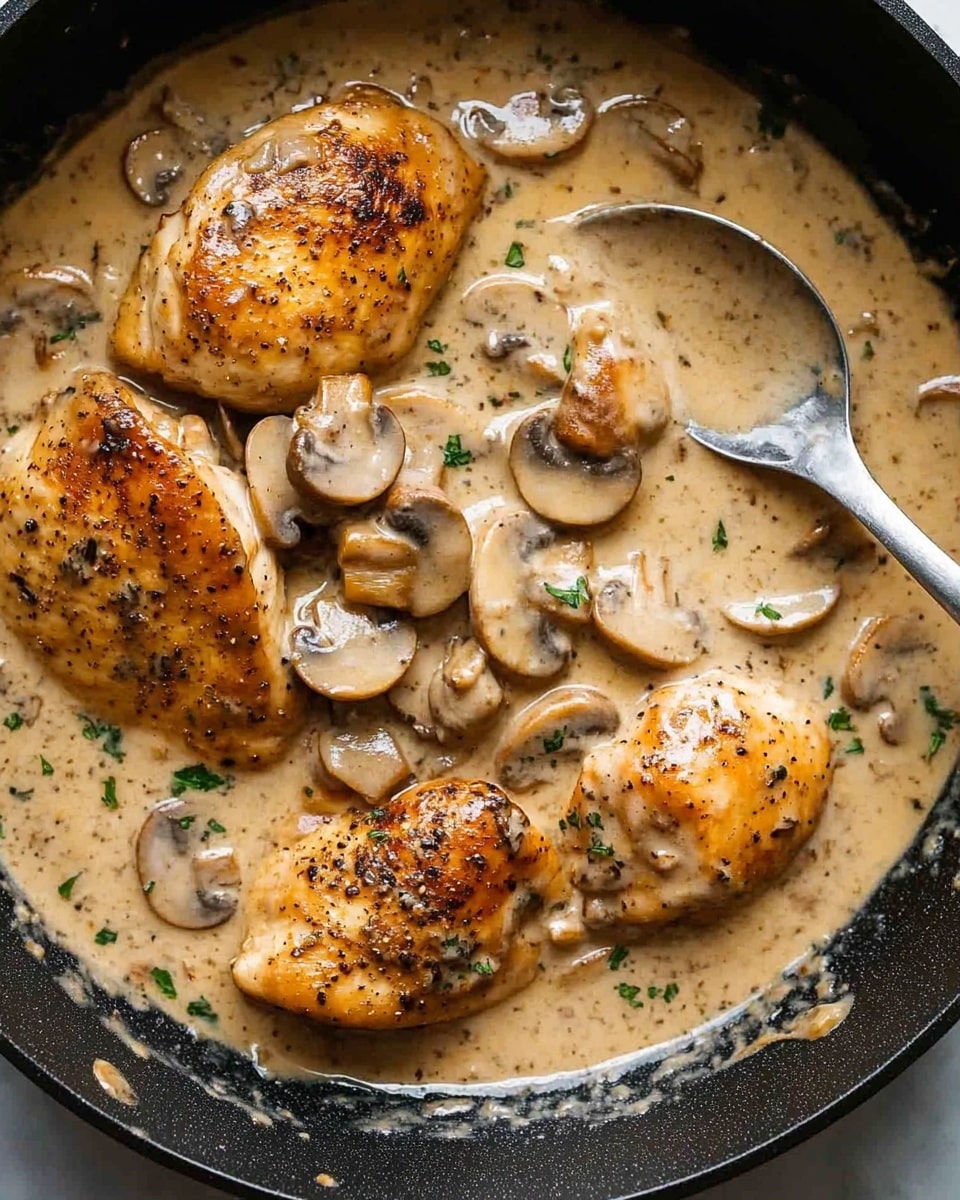 The image shows a close-up of a black pan filled with four pieces of golden brown chicken partially covered by a thick, creamy, light brown mushroom sauce with visible slices of light beige mushrooms scattered over and around the chicken. Some green herb bits are sprinkled on top of the chicken, adding a hint of color contrast. A small part of a silver spoon is visible on the right side, resting on the edge of the pan. The background is a white marbled texture. Photo taken with an iphone --ar 4:5 --v 6.1