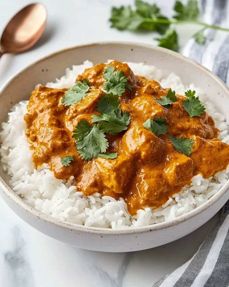 A black skillet filled with a rich orange-colored curry. Inside the curry are several pieces of meat covered in the thick sauce, topped with white cream drizzles and fresh green cilantro leaves scattered on top. A spoon with a light wood handle rests inside the skillet on the right side. The skillet sits on a dark gray cloth, and the background is a white marbled surface. photo taken with an iphone --ar 4:5 --v 6.1
