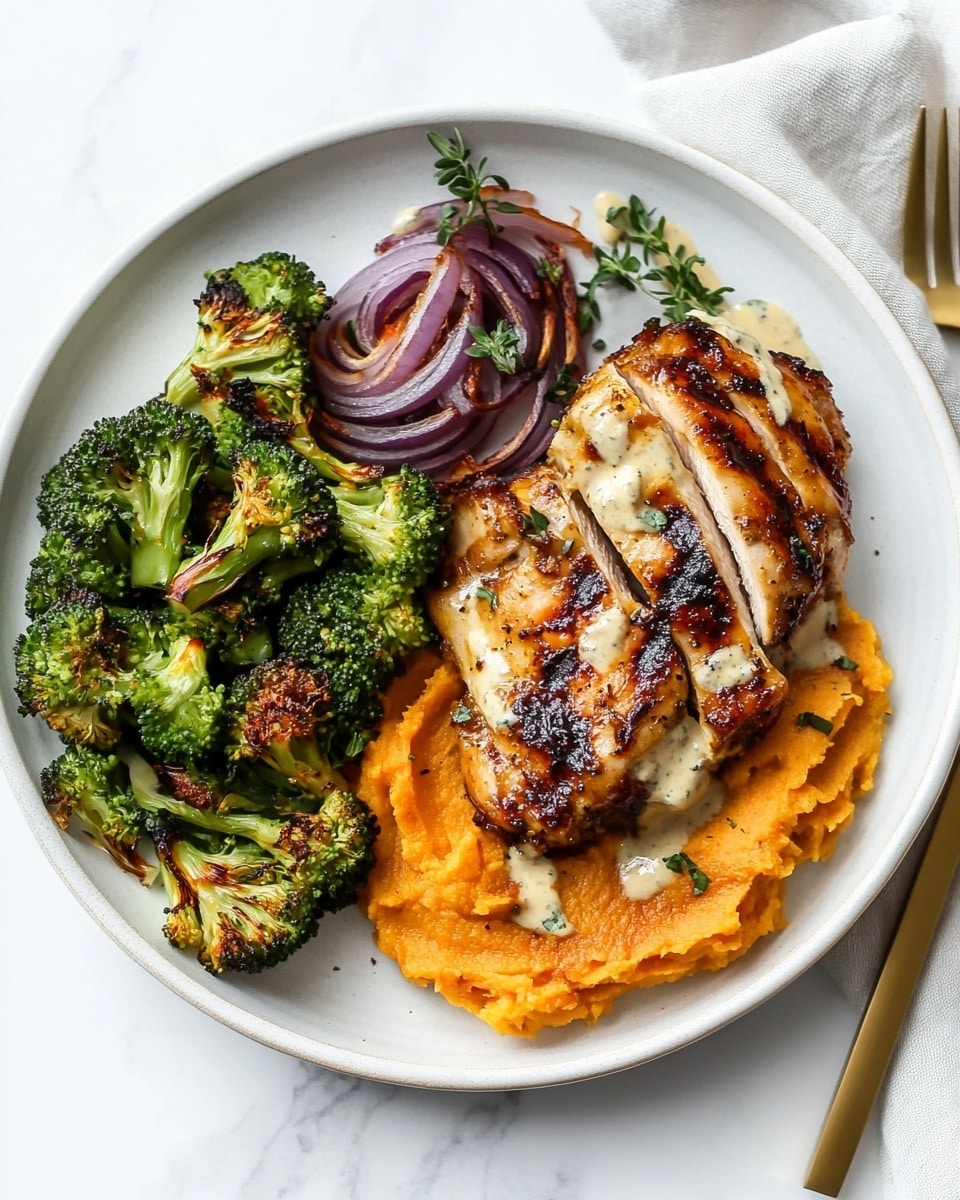 On a white plate set on a white marbled surface with a light grey cloth underneath, there is a three-layer meal: the first layer is bright orange mashed sweet potatoes with a soft, slightly chunky texture; next to it is a pile of roasted broccoli and purple onion rings that have a slightly charred look with a mix of green and purple colors; on top and to the right side lies a grilled piece of chicken with a golden-brown crust and grill marks, drizzled with a creamy light beige sauce and sprinkled with small green herb leaves. A gold fork and knife are placed on the right side of the plate. In the upper right corner is a white bowl filled with creamy soup or sauce with pepper flakes visible. Photo taken with an iphone --ar 4:5 --v 6.1