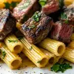 Garlic Butter Steak Tips with Cheesy Rigatoni Recipe