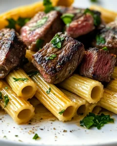 Garlic Butter Steak Tips with Cheesy Rigatoni Recipe