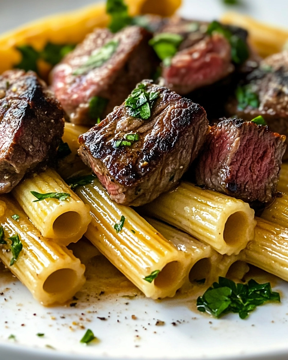 Garlic Butter Steak Tips with Cheesy Rigatoni Recipe